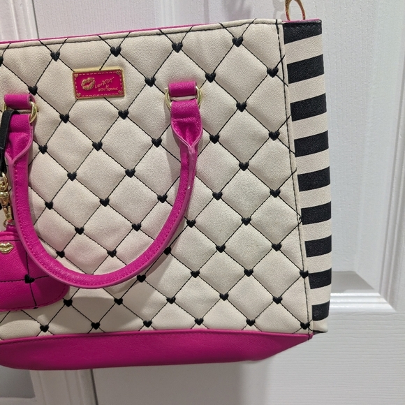 Luv Betsey by Betsey Johnson Pink and Cream Quilted Satchel Bag w/Heart Details - Picture 3 of 13